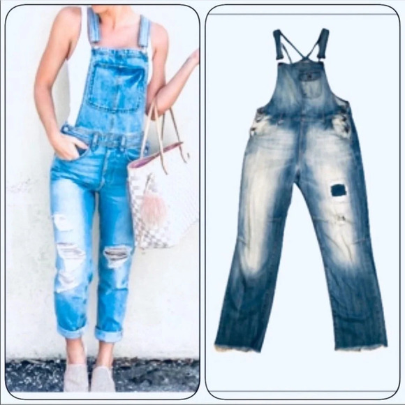 Hidden blue Y2K inspired denim overalls jeans with raw hemline - Picture 1 of 7